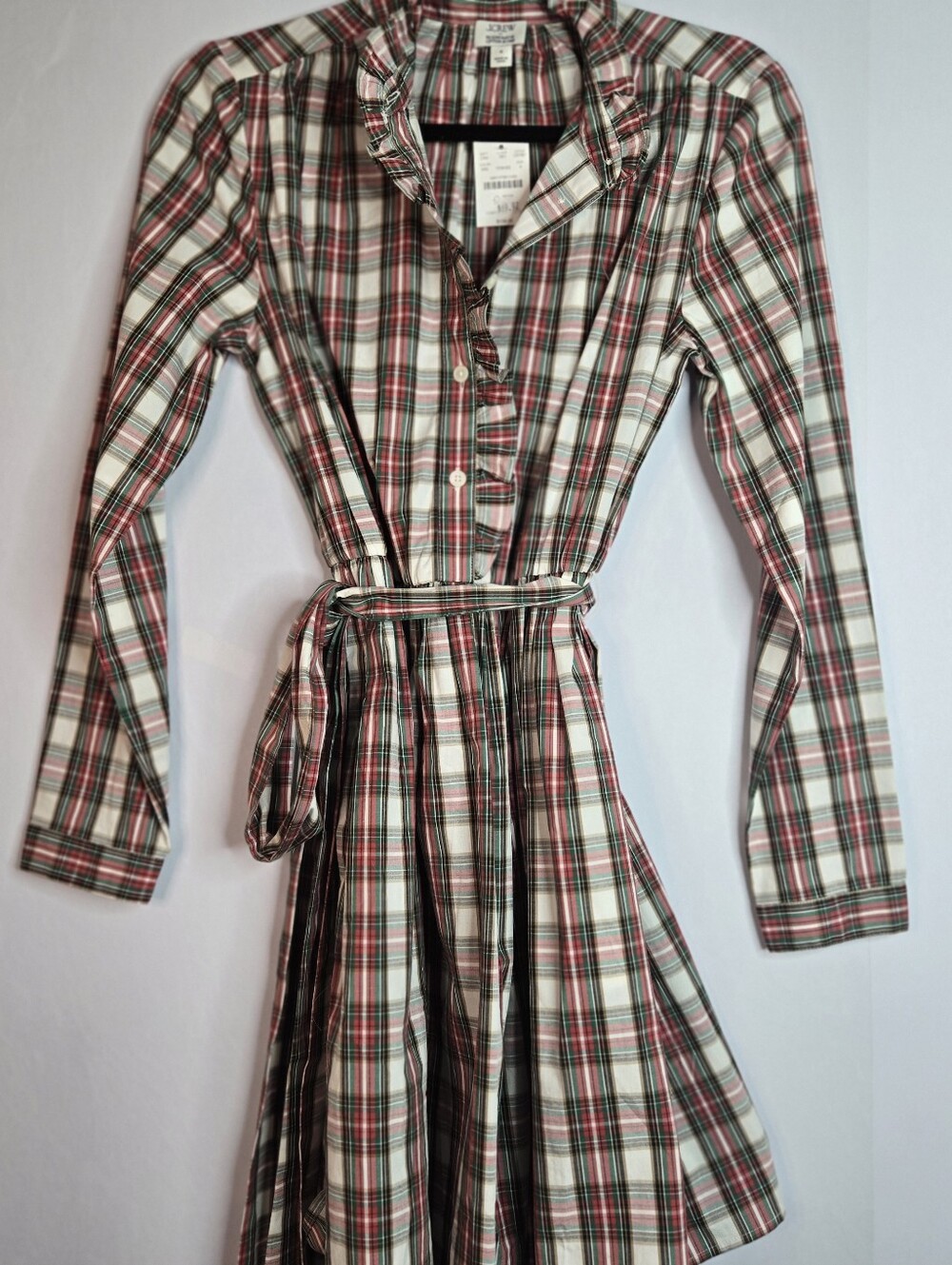 J. CREW Women Size 4 Plaid Cotton L/Sl Dress, Ruffle Neckline & Tie Belt NWT - Picture 4 of 12